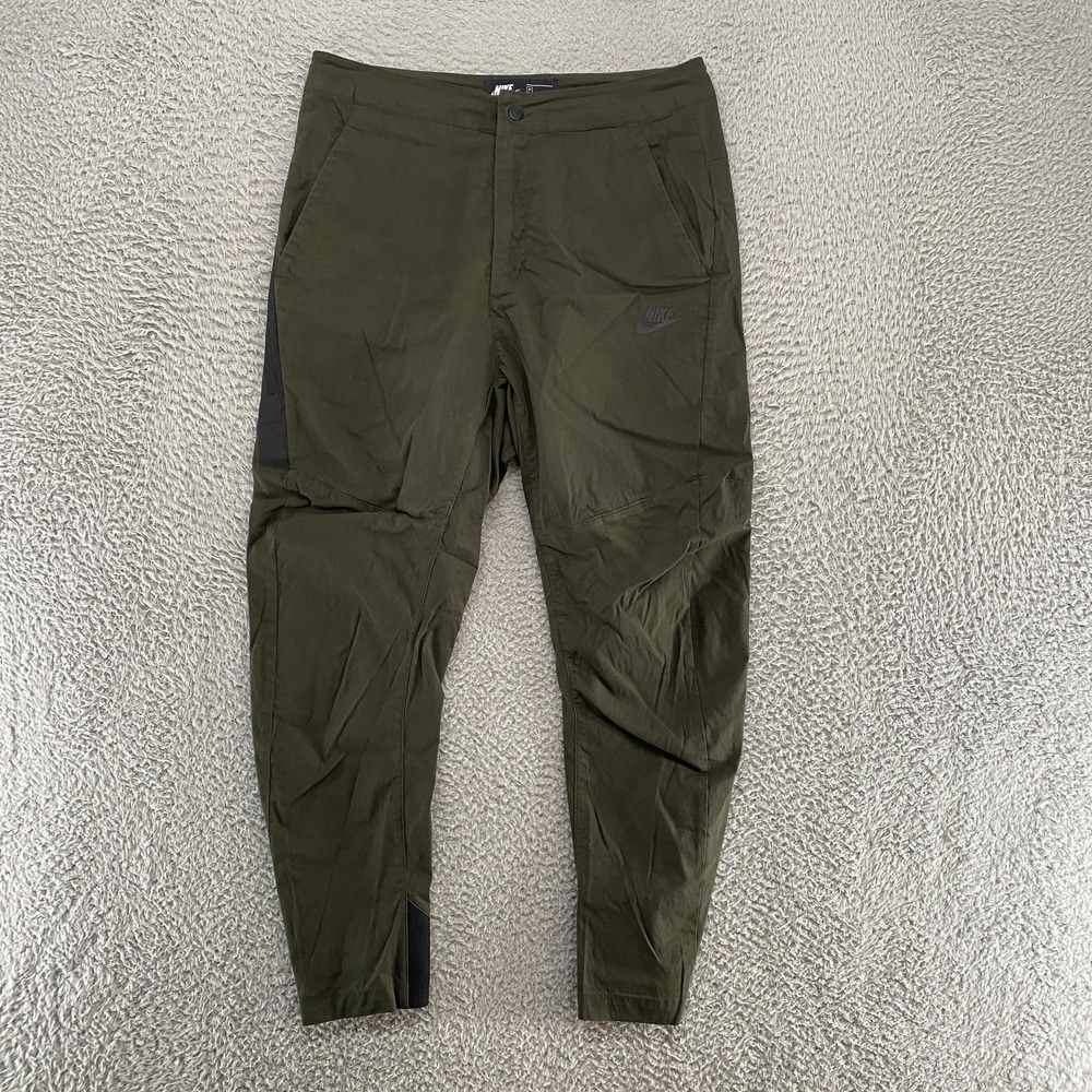 Nike Tech‎ Woven Tapered Pants Mens 30 Green Joggers Stretch Pockets Gym Ankle